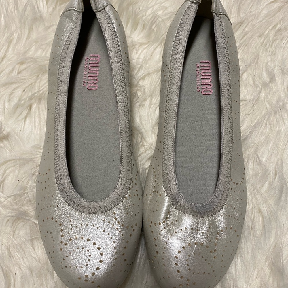Munro Light Gray Metallic Ballet Flats with Perforated Swirl Detail